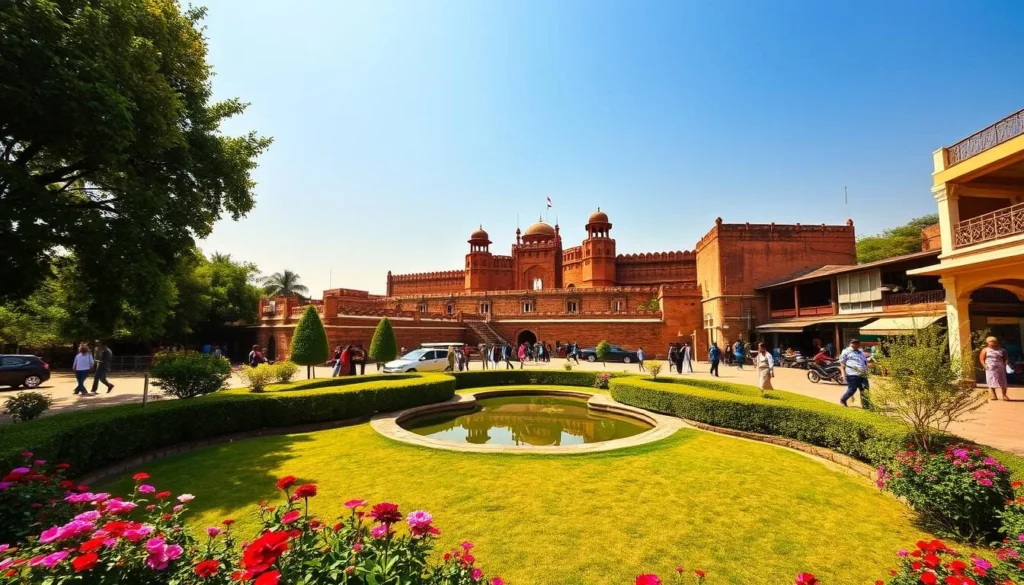 A sunny day in Jhansi, Uttar Pradesh, India. In the foreground, a lush, well-manicured garden with vibrant flowers and a serene pond. In the middle ground, the grand Jhansi Fort, its red sandstone walls and turrets standing tall against a clear, azure sky. Surrounding the fort, the bustling streets of the old city, with merchants and locals going about their daily activities. The lighting is warm and golden, creating a welcoming and inviting atmosphere. The scene is captured through a wide-angle lens, giving a panoramic view of the city's iconic landmarks and the perfect time to visit Jhansi.