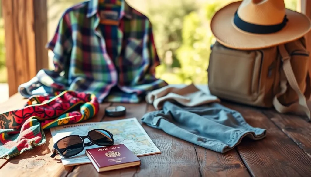 A sunny day in Venezuela, with a vibrant array of travel essentials neatly arranged on a rustic wooden table. In the foreground, a colorful patterned scarf, sunglasses, and a passport nestle alongside a map and a compass. In the middle ground, a lightweight, breathable shirt, and a pair of quick-drying hiking shorts stand ready for outdoor adventures. In the background, a straw hat and a sturdy backpack suggest preparations for exploring the country's diverse landscapes. The warm, natural lighting casts a soft, inviting glow, capturing the excitement and anticipation of an impending Venezuelan journey.