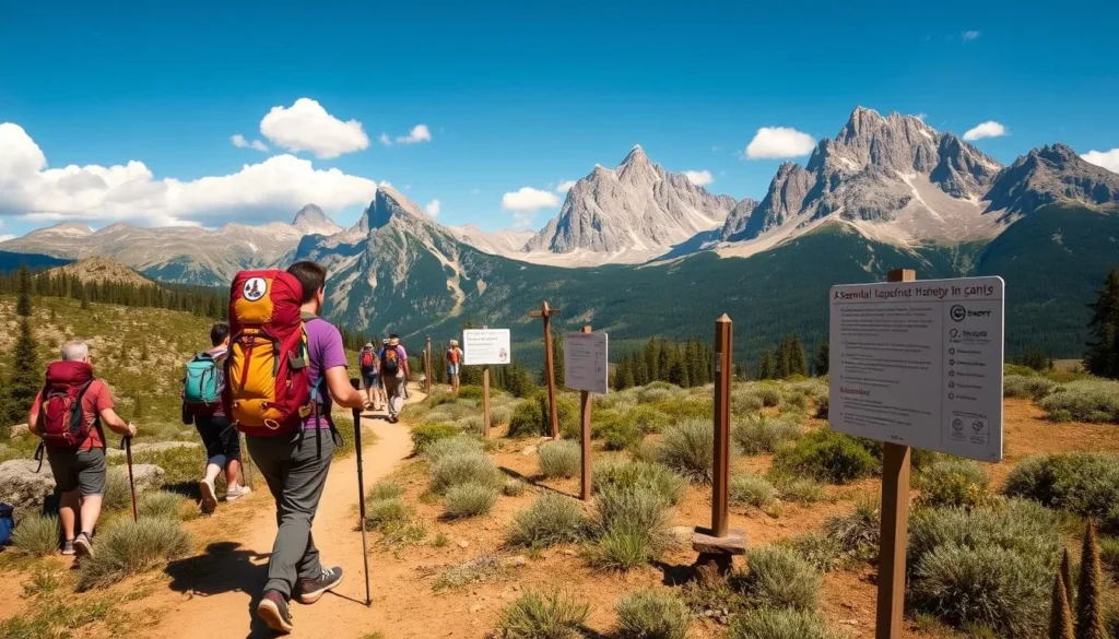 A sunny day in a serene national park, with towering mountains in the background. In the foreground, a group of hikers carefully navigating a well-marked trail, equipped with sturdy backpacks and hiking poles. The middle ground features signposts and informational displays, providing visitors with essential safety tips and guidelines for a safe and enjoyable experience. The scene is captured with a wide-angle lens, emphasizing the vastness of the natural surroundings and the importance of being prepared when exploring the great outdoors.