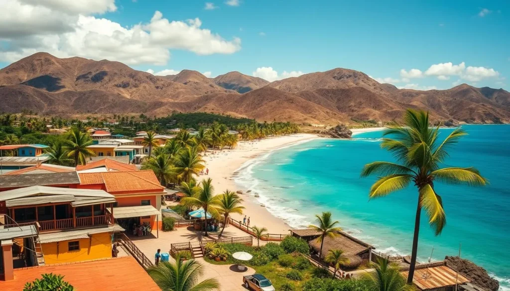 A sunny day in the Paraguana Peninsula, Venezuela. In the foreground, a charming coastal village with colorful buildings and lively locals engaging in traditional crafts and activities. In the middle ground, a pristine beach with swaying palm trees and turquoise waters. In the background, the rugged, sun-dappled hills of the peninsula, creating a picturesque and culturally vibrant scene. Capture the essence of the region's rich heritage and natural beauty through a cinematic, high-resolution photograph taken with a wide-angle lens, highlighting the varied textures, warm tones, and inviting atmosphere.