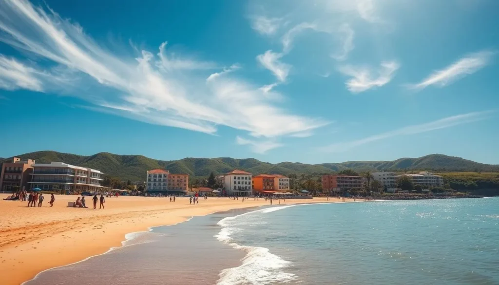 A sunny day in the coastal city of Ciudad De La Costa, Uruguay. In the foreground, a picturesque beach with soft, golden sand and gently lapping waves. Beachgoers stroll along the shore, taking in the serene atmosphere. In the middle ground, modern seaside hotels and cafes line the promenade, their pastel-colored facades reflecting the azure sky. In the background, verdant hills and lush vegetation frame the idyllic scene. Warm sunlight filters through wispy clouds, creating a tranquil, relaxing ambiance. The overall composition evokes the perfect setting for a rejuvenating vacation in this charming coastal town. A sunny day in the coastal city of Ciudad De La Costa, Uruguay. In the foreground, a picturesque beach with soft, golden sand and gently lapping waves. Beachgoers stroll along the shore, taking in the serene atmosphere. In the middle ground, modern seaside hotels and cafes line the promenade, their pastel-colored facades reflecting the azure sky. In the background, verdant hills and lush vegetation frame the idyllic scene. Warm sunlight filters through wispy clouds, creating a tranquil, relaxing ambiance. The overall composition evokes the perfect setting for a rejuvenating vacation in this charming coastal town.