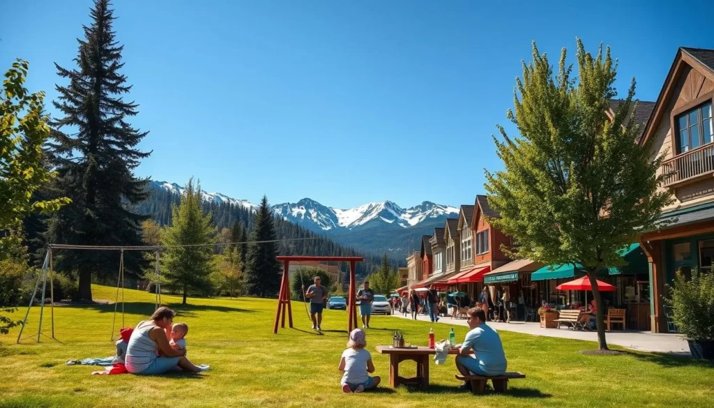 A sunny day in the picturesque town of Fernie, British Columbia. In the foreground, a family enjoying a picnic in a lush, verdant park, with children playing on a nearby swing set. In the middle ground, hikers traversing a scenic trail, admiring the majestic snow-capped peaks of the Rocky Mountains. In the background, a vibrant downtown area, with quaint shops and cafes lining the streets, inviting visitors to explore the charming local culture. The scene is illuminated by warm, natural lighting, creating a sense of warmth and inviting atmosphere. Capture the essence of family-friendly activities in Fernie, from outdoor adventures to cozy urban delights.