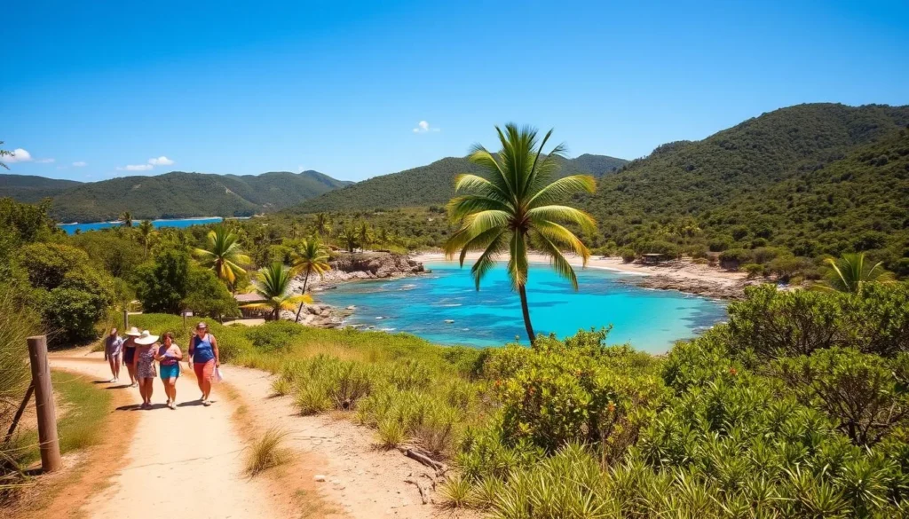 A sunny day on the lush, verdant Ilha das Couves island. In the foreground, a group of people strolling along a winding dirt path, their beachwear and sunhats suggesting a carefree, leisurely exploration. The middle ground reveals a picturesque cove with crystal-clear turquoise waters lapping against the rocky shore, palm trees swaying gently in the soft breeze. In the background, rolling hills and dense, vibrant foliage create a serene, tropical backdrop. The scene is bathed in warm, golden light, evoking a sense of tranquility and natural beauty. Captured with a wide-angle lens to convey the vastness and grandeur of this idyllic island paradise.