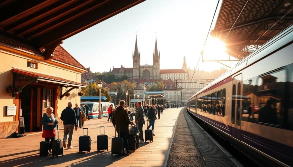 A sunny, late-afternoon scene of the Znojmo train station, a charming historical building with a red-tiled roof and ornate façade. The station platform is bustling with travelers, their luggage in hand, as a sleek, modern train pulls into the station. The warm, golden light bathes the scene, casting long shadows and creating a sense of tranquility. In the background, the medieval towers and spires of Znojmo's Old Town rise up, providing a picturesque backdrop. The overall atmosphere is one of efficiency, convenience, and the harmonious blend of old and new that characterizes this quaint Czech town.