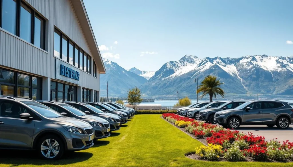 A sunny, picturesque scene of a well-maintained car rental office in the heart of Vesteralen, Norway. The building has a modern, Scandinavian-inspired design with clean lines and large windows that let in ample natural light. In the foreground, several late-model, gleaming vehicles are parked in an orderly fashion, ready for adventurous travelers to explore the region's stunning landscapes. The middle ground features a lush, well-manicured lawn and vibrant flower beds, creating a welcoming atmosphere. In the background, the majestic mountains of Vesteralen rise up, their snow-capped peaks framing the scene. The overall impression is one of efficiency, accessibility, and a deep appreciation for the natural beauty that surrounds the car rental facility.