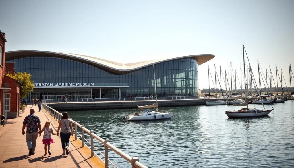 A sunny, picturesque scene of the Lithuanian Maritime Museum and Dolphinarium in Klaipeda. In the foreground, a family strolls along the quaint waterfront promenade, admiring the sleek, modern architecture of the museum building. The middle ground features the stunning glass-paneled exterior, with its distinctive curved roofline and shimmering reflections in the calm waters of the harbor. In the background, a fleet of sailboats and fishing vessels dot the horizon, creating a serene and inviting maritime atmosphere. Warm, soft lighting bathes the scene, capturing the vibrant energy and family-friendly atmosphere of this top attraction in Klaipeda.