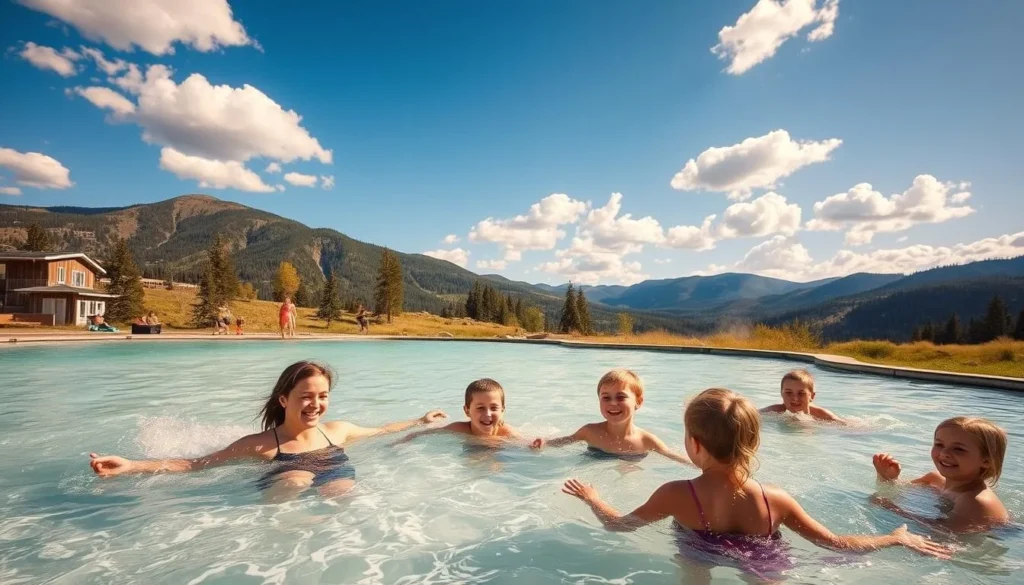 A sunny summer day at Lava Hot Springs, Idaho. In the foreground, a family happily splashing in the crystal-clear geothermal pools, laughter and joy filling the air. In the middle ground, children playing on the grassy banks, tossing a frisbee and building sandcastles. The background showcases the stunning mountainous landscape, lush with evergreen trees and a bright blue sky dotted with fluffy white clouds. The scene is bathed in warm, golden lighting, creating a serene and inviting atmosphere perfect for a family getaway.