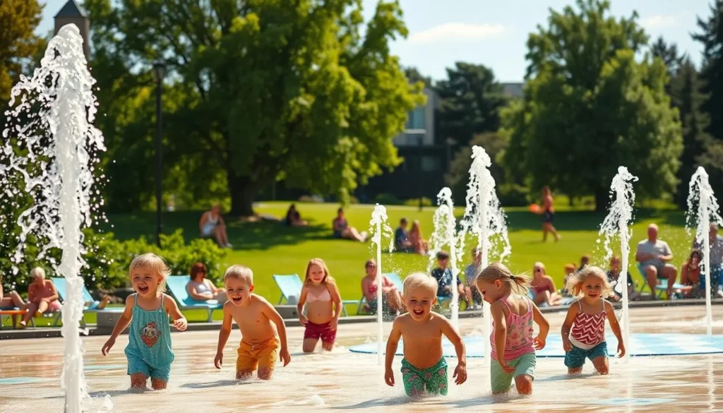 A sunny summer day at the London Borough of Bexley's family-friendly splash park. In the foreground, joyful children splash and play in the refreshing fountains, their laughter filling the air. In the middle ground, parents and guardians watch over them, relaxing on colorful towels and beach chairs. The background showcases the park's lush green landscaping, with towering trees providing dappled shade. The scene is illuminated by warm, golden sunlight, creating a vibrant, inviting atmosphere that captures the essence of family fun and outdoor enjoyment.