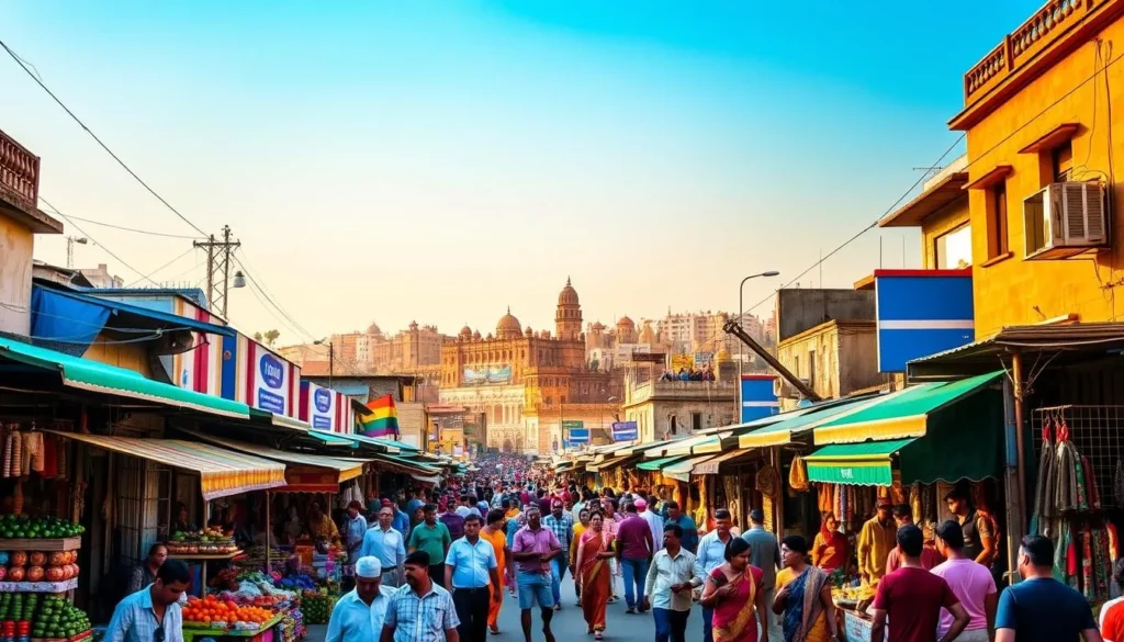 A sunny, vibrant street scene in Satara, Maharashtra, India. In the foreground, colorful stalls and shops line the bustling marketplace, filled with local vendors selling fresh produce, handicrafts, and traditional textiles. In the middle ground, people of all ages navigate the lively crowds, immersed in the sights, sounds, and aromas of the local culture. In the background, a mix of historic buildings and modern architecture creates a captivating skyline, bathed in warm, golden light. The scene conveys the energy, diversity, and charm of Satara as a vibrant travel destination.