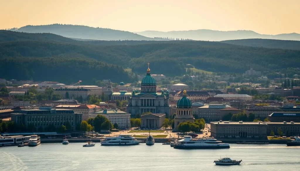 A sweeping aerial view of Helsinki's picturesque cityscape on a bright, sunny day. The iconic silhouette of the Helsinki Cathedral stands prominently in the middle ground, its copper-green domes gleaming in the warm light. In the foreground, the bustling harbor is dotted with boats and ferries, while the background is framed by the rolling hills and dense forests that surround the city. The scene is bathed in a soft, golden glow, creating a serene and inviting atmosphere that captures the vibrant energy of Finland's vibrant capital.