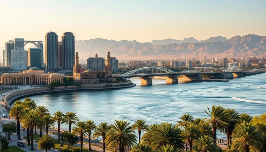 A sweeping cityscape of Ahvaz, Iran, nestled along the majestic Karun River. Towering skyscrapers and historic buildings bask in the warm, golden sunlight, reflecting off the gently flowing waters. In the foreground, a bustling pedestrian promenade lined with lush palm trees and vibrant greenery. The middle ground features the iconic Karun River Bridge, its elegant arches mirrored in the tranquil river below. In the distance, the rugged Zagros Mountains rise up, creating a dramatic backdrop for this picturesque scene. The overall mood is one of serenity and urban vitality, capturing the essence of Ahvaz's geographical location and temperate climate.
