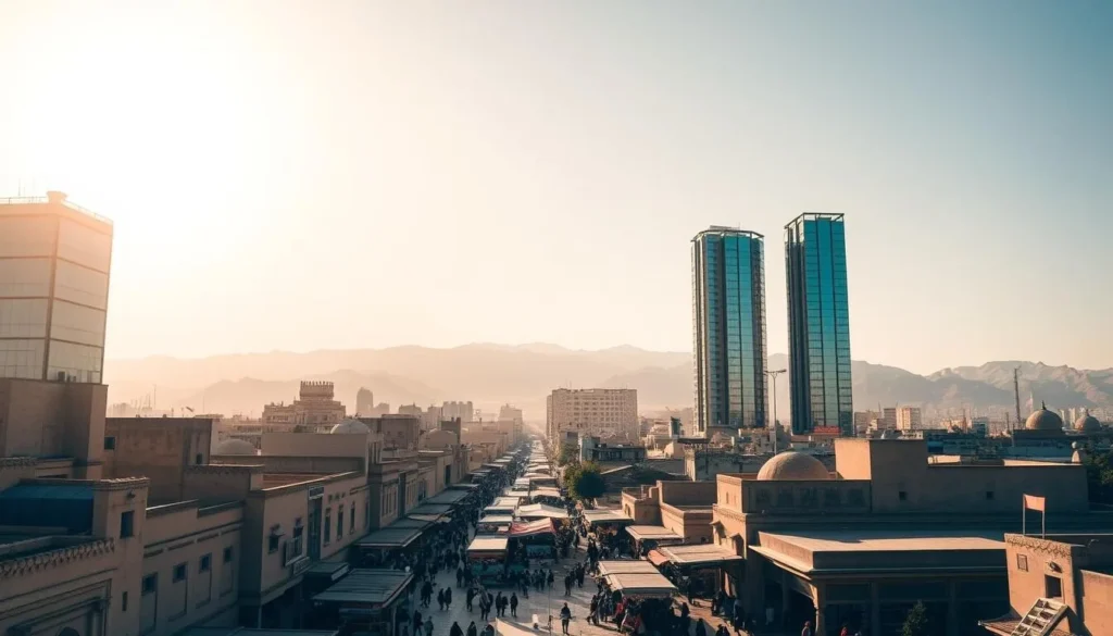 A sweeping cityscape of Zahedan, Iran's southeastern gem, emerges under a warm, golden sun. Towering modern skyscrapers stand tall, their sleek glass facades reflecting the clear sky. In the foreground, bustling streets are lined with traditional mud-brick buildings, their intricate architectural details casting long shadows. The middle ground features a lively bazaar, its vibrant stalls and wandering locals adding energy to the scene. In the distance, the rugged Makran Mountains rise majestically, their peaks bathed in a soft, hazy light. The overall atmosphere conveys a harmonious blend of old and new, showcasing Zahedan's unique charm and character.
