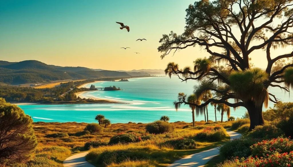 A sweeping coastal vista of Barbour Island, Georgia, bathed in warm golden sunlight. The lush, verdant landscape unfolds, with rolling hills and dense pine forests in the distance. Pristine white sandy beaches line the crystal-clear turquoise waters, dotted with gently swaying palm trees. In the foreground, a winding path leads through a picturesque marsh, flanked by vibrant wildflowers and towering live oaks draped in Spanish moss. Seabirds soar overhead, casting shadows on the tranquil scene. The overall mood is one of serene, unspoiled natural beauty, inviting the viewer to explore this hidden coastal gem.