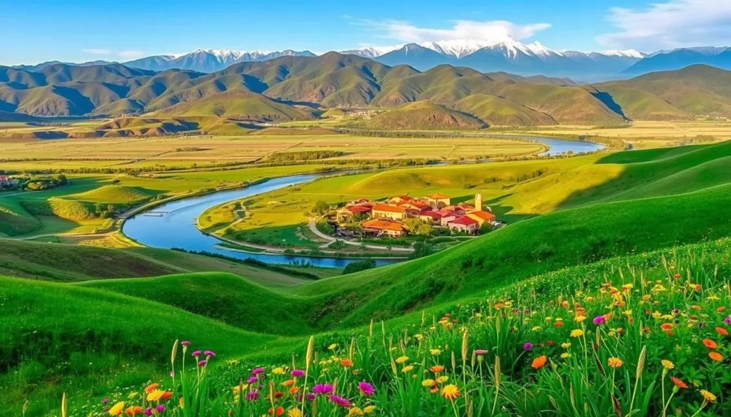 A sweeping countryside landscape near Barquisimeto, Venezuela. In the foreground, lush green hills dotted with vibrant wildflowers sway gently in the warm breeze. The middle ground features a winding river, its tranquil waters reflecting the azure sky above. Nestled among the rolling hills, a traditional Venezuelan village comes into view, its adobe buildings and red-tiled roofs bathed in the golden glow of the afternoon sun. In the distance, the majestic Andes mountains rise, their snow-capped peaks piercing the horizon. The scene is illuminated by soft, diffused lighting, creating a serene and picturesque atmosphere, perfect for a day trip from the nearby city of Barquisimeto.