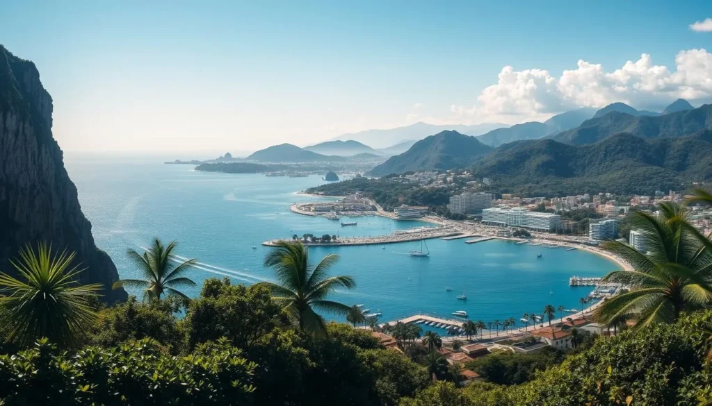 A sweeping panorama of Grande Vitoria, Brazil, nestled along the sparkling azure coastline of the Atlantic Ocean. Towering granite cliffs frame the picturesque harbor, dotted with colorful fishing boats and bustling docks. In the foreground, lush tropical foliage and palm trees sway gently in the warm ocean breeze. The mid-ground features the city's vibrant downtown, with iconic colonial-style architecture and bustling plazas. In the distance, misty mountains rise up, cloaked in verdant rainforest. Soft, diffused natural lighting creates a serene, inviting atmosphere, inviting the viewer to explore this hidden gem of Brazil.