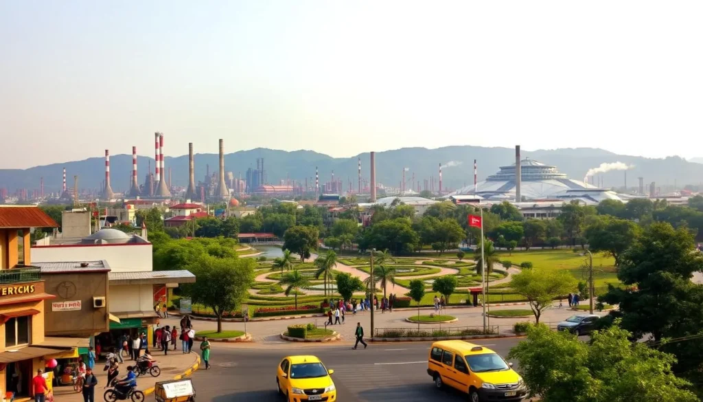 A sweeping panorama of Jamshedpur's skyline, dominated by the towering steel mills and chimneys that give this city its moniker as the "Steel Capital of India". In the foreground, a bustling street scene with locals going about their daily lives, colorful shops, and the iconic yellow Ambassador taxis. The middle ground features the manicured gardens and lakes of Jubilee Park, while the background is framed by the verdant Dalma Hills, bathed in warm, golden afternoon light. The scene conveys a sense of industrious energy and vibrant urban life, capturing the unique character of this dynamic steel-producing metropolis.