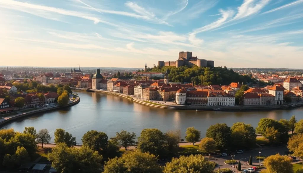 A sweeping panorama of Kaunas, Lithuania's second-largest city, on a bright, sunny day. In the foreground, the winding Nemunas River flows gently, its banks dotted with lush greenery and charming riverfront cafes. In the middle ground, the historic Old Town unfolds, its baroque architecture and red-tiled roofs creating a picturesque skyline. Towering above it all, the hilltop Kaunas Castle stands proud, its imposing stone walls casting long shadows across the city. The sky is a vivid blue, with wispy clouds drifting lazily overhead, bathing the scene in a warm, golden glow. The overall atmosphere is one of tranquility and timeless beauty, inviting the viewer to explore the hidden gems of this remarkable Lithuanian city.