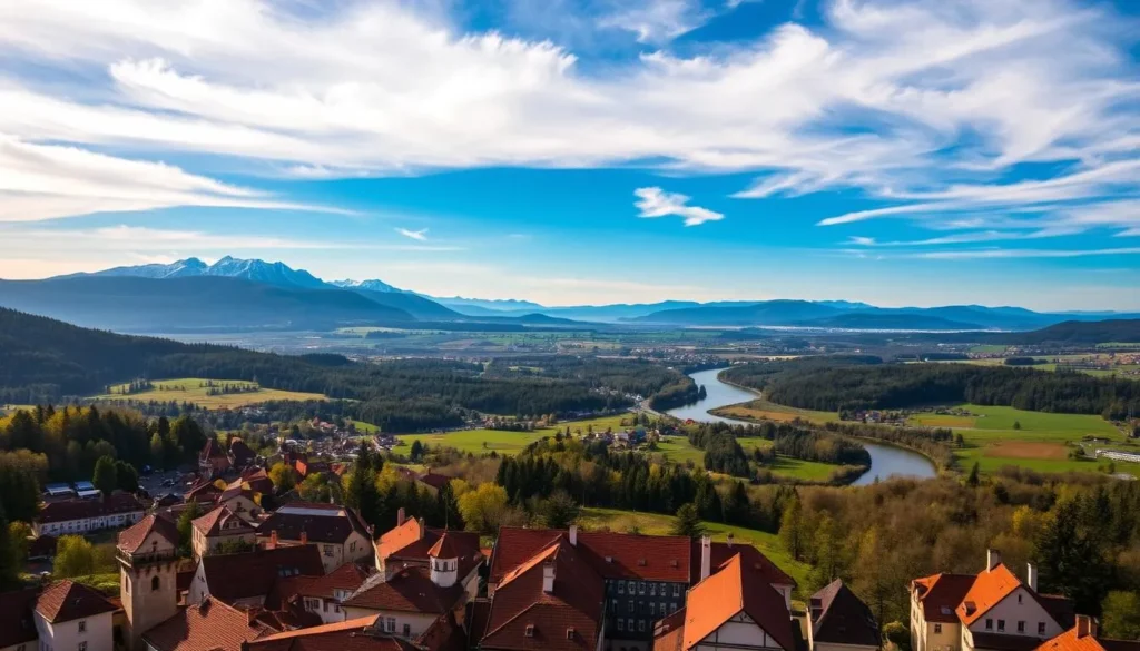A sweeping panorama of the Hradec Kralove Region, a hidden gem of Eastern Bohemia. In the foreground, a quaint town with terracotta-roofed buildings and cobblestone streets. Towering over the scene, the majestic Krkonoše Mountains, their peaks capped with pristine snow. In the middle ground, rolling hills dotted with verdant forests and lush meadows, cut by a glistening river winding its way through the landscape. The sky is a brilliant azure, with wispy clouds drifting lazily overhead, casting a warm, golden glow over the entire scene. A serene and picturesque landscape, inviting visitors to immerse themselves in the natural beauty and rich cultural heritage of this enchanting region.