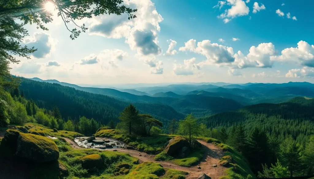 A sweeping panorama of the Lusatian Mountains, where verdant forests and rugged peaks rise in harmonious symphony. Sunlight filters through the canopy, casting a warm glow upon the tranquil streams and mossy boulders below. In the foreground, a winding trail invites exploration, leading deeper into this untouched natural sanctuary. Distant ridges stretch out, their silhouettes framed against a azure sky peppered with fluffy white clouds. Capture the essence of this serene, unspoiled landscape, where time seems to stand still and the beauty of the Lusatian Mountains shines in all its glory.