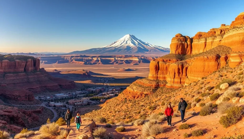 A sweeping panorama of the iconic Four Corners region, where the states of Colorado, Utah, Arizona, and New Mexico converge. Capture the majestic Hesperus Peak rising in the distance, its snow-capped summit glimmering under the warm, golden hues of a clear afternoon sky. In the foreground, a family explores the rugged terrain, hiking along a winding trail that snakes through red sandstone formations and juniper-dotted landscapes. The middle ground features a picturesque town nestled in the valley, its adobe-style buildings and quaint main street bustling with activity. Tilt the camera slightly to showcase the stunning vistas that stretch out in all directions, inviting viewers to immerse themselves in the natural splendor of this iconic American Southwest destination.