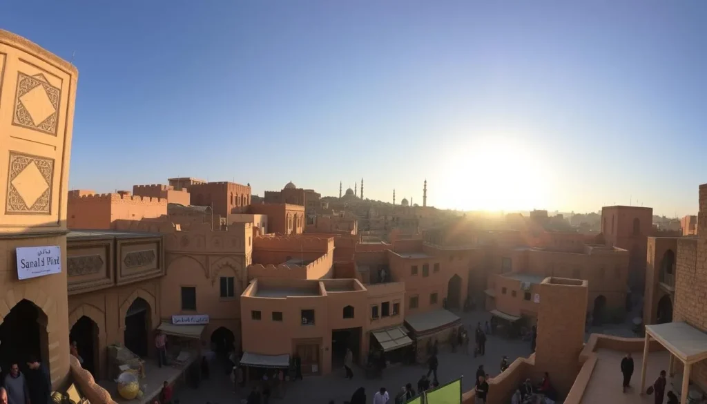 A sweeping panoramic view of the historic Old City of Sanaa, Yemen, a UNESCO World Heritage site. The sun casts a warm glow over the distinct honey-colored mud brick buildings with their intricate architectural details and geometric patterns. In the foreground, the bustling streets are filled with local residents going about their daily lives, while in the middle ground, the iconic minaret-studded skyline rises majestically against a clear azure sky. The scene exudes a timeless, atmospheric ambiance that captures the essence of this ancient and culturally significant city.
