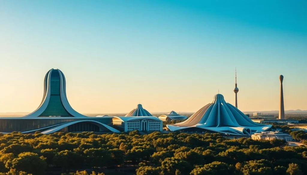 A sweeping view of Brasilia's iconic modernist architecture, bathed in the warm glow of a sun-drenched afternoon. In the foreground, the sleek, curved lines of the National Congress building stand tall, its twin domes reflecting the sky's azure hues. In the middle ground, the sinuous, swooping forms of the Itamaraty Palace and the Supreme Federal Court come into focus, their white concrete facades accented by lush, verdant landscaping. In the distance, the bold, geometric shapes of the Cathedral of Brasilia and the TV Tower rise up, creating a striking skyline against a backdrop of clear, cloudless skies. The entire scene exudes a sense of stark, unapologetic modernity, a testament to the ambitious vision of the city's original designers.
