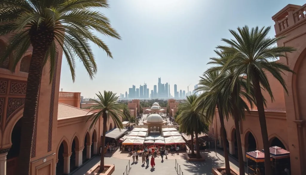 A sweeping vista of Al Rayyan, Qatar's cultural heart, under a bright midday sun. In the foreground, traditional Qatari architecture with intricate Islamic patterns and earthy tones. Tall palm trees sway gently, casting dappled shadows. The middle ground features a bustling street scene, with locals navigating pedestrian walkways and colorful market stalls. In the background, the modern skyline rises, a harmonious blend of skyscrapers and minarets. A sense of timeless heritage and contemporary vibrancy pervades the scene, inviting the viewer to explore this vibrant Qatari city. Captured with a wide-angle lens to convey the grandeur of the cityscape.