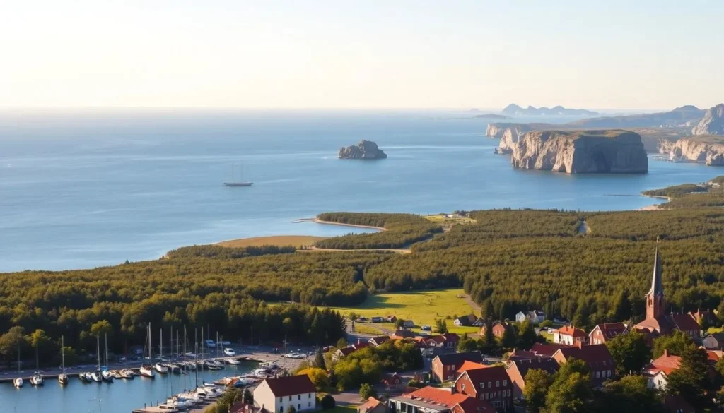 A sweeping vista of Blekinge County's picturesque coastline, bathed in warm, golden sunlight. In the foreground, a quaint seaside village with charming red-roofed houses and docks lined with colorful fishing boats. The tranquil waters of the Baltic Sea stretch out towards the horizon, dotted with verdant islands and a scattering of sailboats. The middle ground features lush, rolling hills blanketed in a patchwork of green forests and meadows, while in the distance, the dramatic silhouettes of rocky cliffs and promontories rise up, their craggy profiles framed against a brilliant azure sky. A serene and captivating scene that captures the essence of Sweden's hidden coastal gem.
