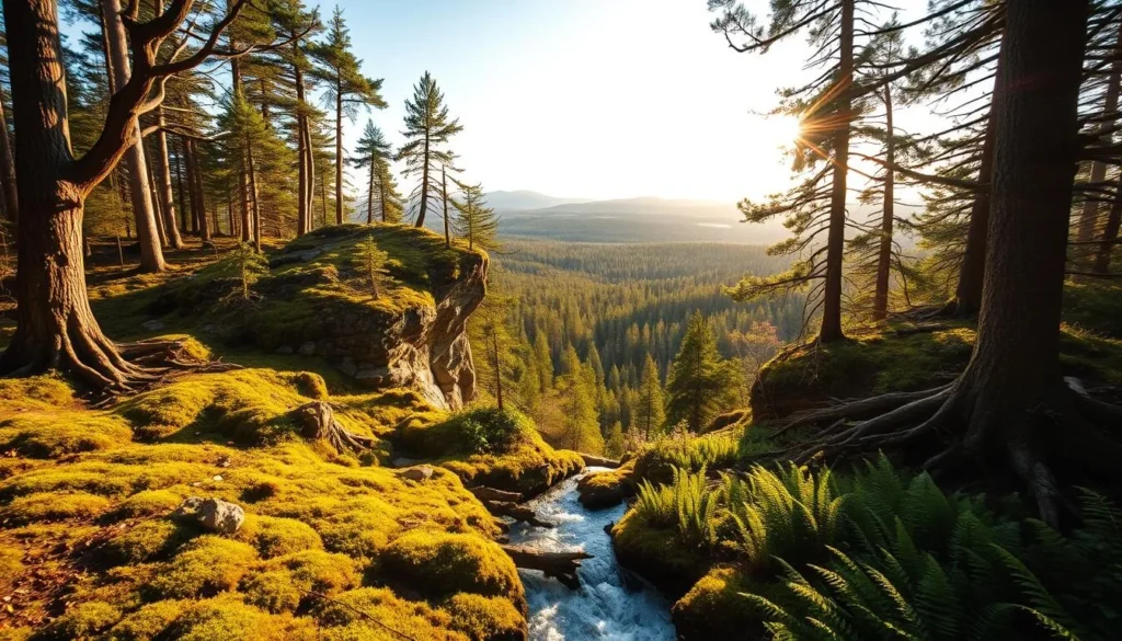 A sweeping vista of Norra Kvill National Park's primeval forest, bathed in warm, golden sunlight filtering through the canopy of ancient, gnarled trees. In the foreground, a serene stream meanders through a carpet of lush, verdant moss and ferns. The middle ground reveals a rugged, rocky outcrop draped in cascading vines and wildflowers. In the distance, rolling hills covered in dense, untamed woodland stretch out to the horizon, creating a sense of timeless, untouched wilderness. Capture this scene through the lens of a wide-angle, high-resolution camera, evoking a mood of tranquility, wonder, and the awe-inspiring beauty of Sweden's untamed natural landscapes.