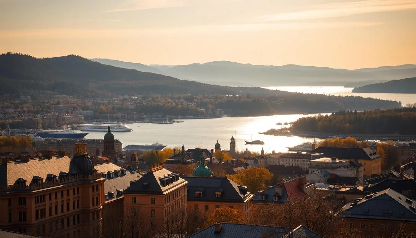 A sweeping vista of Oslo's picturesque cityscape under a soft, golden afternoon light. In the foreground, the stately 19th-century buildings of the city center, their warm stone facades glistening. In the middle ground, the glittering waters of the Oslo Fjord, dotted with sailboats and ferries. Beyond, the rolling hills and dense forests that surround the city, their verdant greens and autumn hues creating a breathtaking backdrop. The scene is bathed in a gentle, lens-flared glow, evoking a sense of tranquility and natural beauty. Capture the essence of this vibrant, Scandinavian capital in all its picturesque glory.