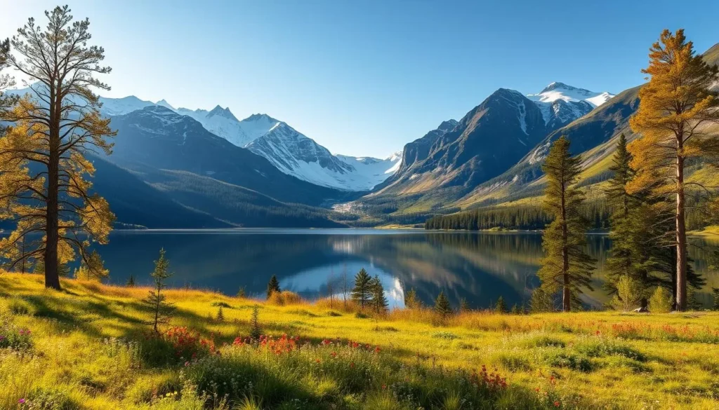 A sweeping vista of Padjelanta National Park in northern Sweden, with towering snow-capped mountains framing a tranquil glacial lake. In the foreground, a lush meadow dotted with vibrant wildflowers sways gently in the breeze. Tall, ancient birch trees line the shores, their delicate leaves casting dappled shadows on the still water. The midground features rolling hills covered in a patchwork of evergreen forests and rocky outcroppings. Dramatic peaks pierce the horizon, their jagged silhouettes reflected in the glassy surface of the lake. Warm, diffused sunlight bathes the entire scene, creating a serene and enchanting atmosphere.