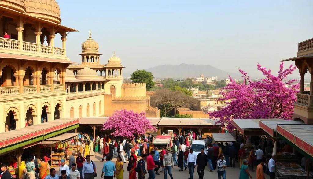 A sweeping vista of Patiala's grand Rajindra Palace, its ornate domes and arches casting intricate shadows across the bustling courtyard below. In the foreground, colorfully dressed locals navigate the lively market stalls, haggling and sampling delectable street food. The middle ground features the palace's impressive fortified walls, their earthy tones contrasted by the vibrant pink blooms of Gulmohar trees. In the background, the distant Shivalik Hills rise majestically, their rugged peaks bathed in the warm glow of the afternoon sun. A sense of regal heritage and lively local culture permeates the scene, captured through a wide-angle lens to convey the full splendor of this historic royal city.