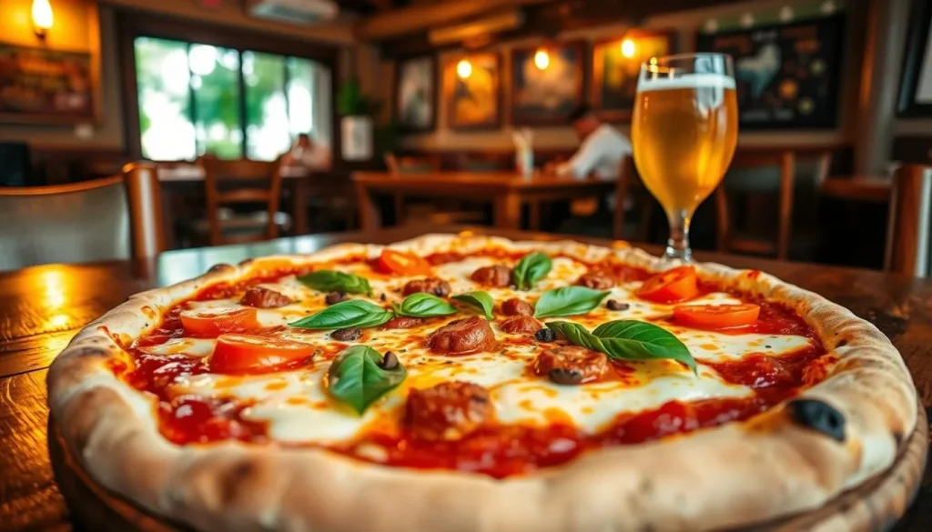 A table of traditional Brazilian pizza, featuring a thick, chewy crust topped with a vibrant tomato sauce, melted mozzarella, and an array of colorful toppings. Fresh basil leaves, juicy tomato slices, spicy chorizo sausage, and perhaps a drizzle of olive oil complete the scene. The pizza is set against a backdrop of a cozy, rustic-style restaurant interior, with warm lighting and wooden accents creating a welcoming, authentic atmosphere. A glass of chilled Brazilian beer or a refreshing caipirinha cocktail sits nearby, ready to complement the savory flavors. The overall mood is one of casual, neighborhood dining, celebrating the unique culinary traditions of Brazil.