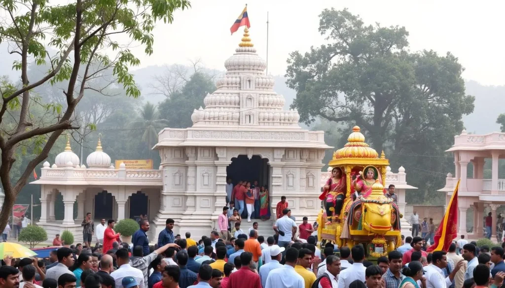 A temple complex with peaceful surroundings and vibrant Rath Yatra festival.