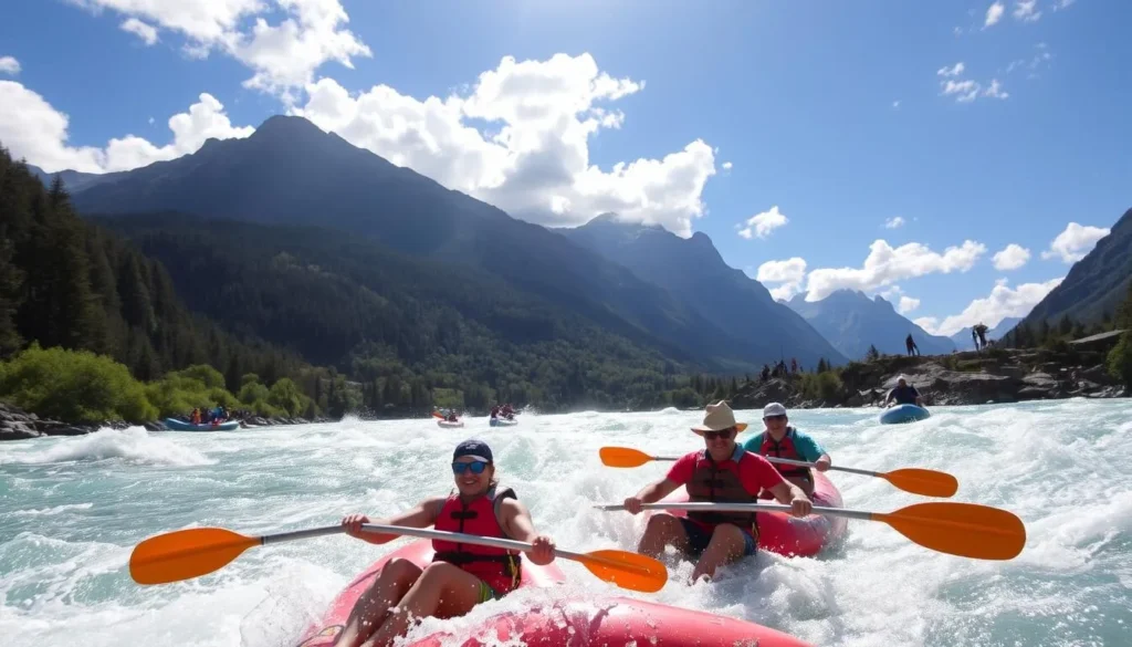 A thrilling whitewater rafting adventure on the Futaleufú River, surrounded by the majestic Andes mountains. Paddlers navigate through crashing waves and churning rapids, their faces exhilarated. In the background, towering peaks touched by sunlight cast dramatic shadows across the lush, verdant landscape. Scattered clouds drift across a bright, clear sky, illuminating the pristine, turquoise waters. Hikers and climbers explore rugged trails, scaling rocky outcroppings for breathtaking vistas. The scene radiates a sense of adrenaline-fueled exploration and unbridled freedom in nature's grandeur.