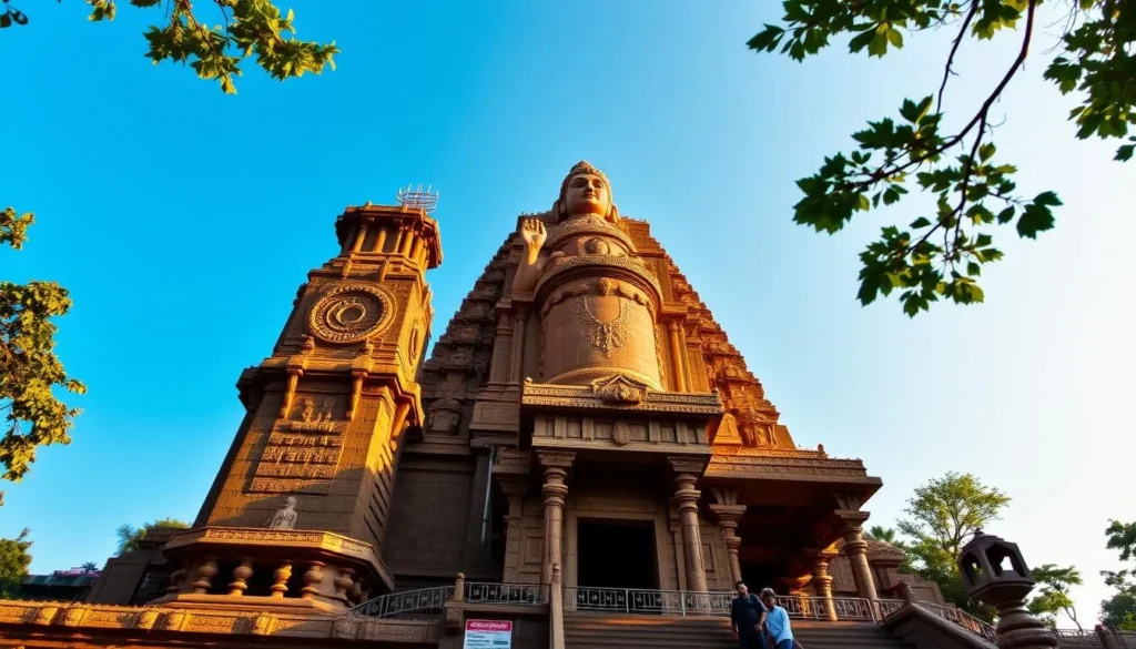 A towering Shiva statue stands tall at the heart of the magnificent Shivagiri Temple, its intricate carved details glimmering in the warm afternoon sunlight. The image captures the serene atmosphere of the sacred site, with lush greenery and azure skies framing the iconic figure. The statue's tranquil expression and commanding presence evoke a sense of reverence and connection to the divine. The camera angles showcase the impressive scale and architectural elegance of the temple, inviting the viewer to imagine the spiritual significance of this revered Hindu pilgrimage destination in Vijayapura, Karnataka.