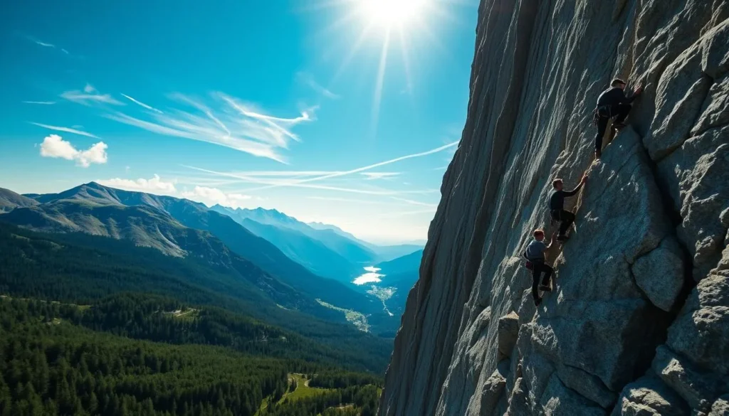 A towering granite wall rises into the clear sky, its jagged edges silhouetted against the sun's warm glow. Rugged, weathered climbers ascend the challenging face, their chalk-dusted hands and feet finding purchase on the textured rock. The lush, evergreen forests of the Sylan Mountains sprawl below, a verdant carpet dotted with azure lakes. Sunlight filters through wispy clouds, casting dynamic shadows and highlighting the climbers' determined expressions. The scene exudes a sense of adventure, of conquering nature's formidable terrain. Capture the awe-inspiring beauty and thrill of rock climbing in this picturesque Norwegian landscape.