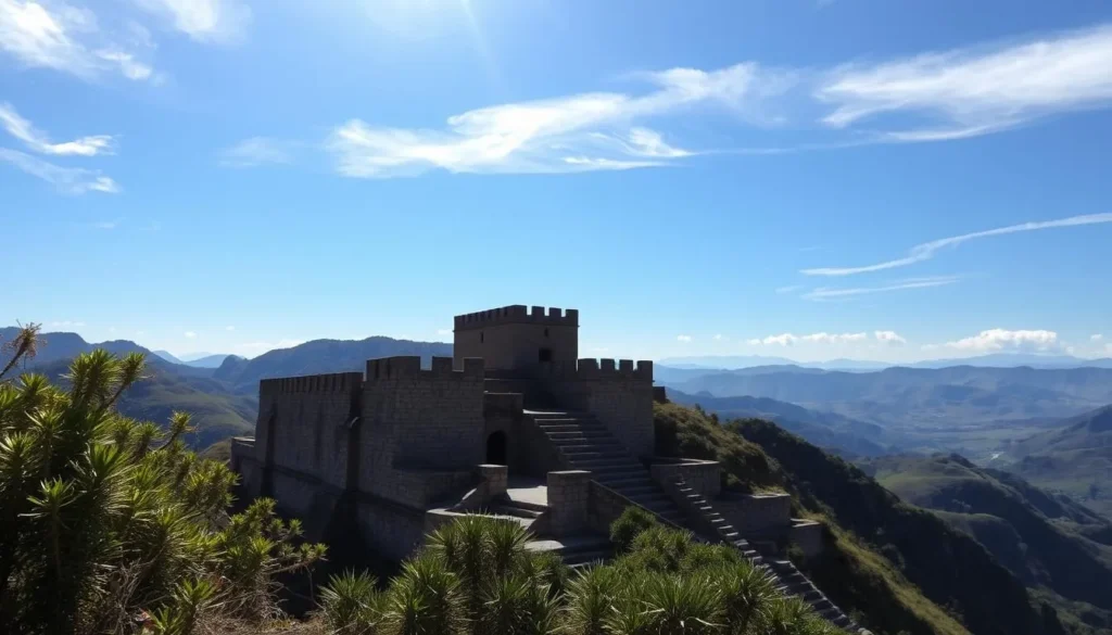 A towering stone fortress stands proudly against a clear sky, its massive walls and towers casting long shadows across the verdant landscape. The ancient Kuelap fortification, a marvel of Chachapoyas engineering, emerges from the lush Andean foothills, its intricate stonework and geometric patterns testifying to the ingenuity of its builders. Sunlight filters through wispy clouds, illuminating the weathered blocks and highlighting the subtle textures of the stone. In the foreground, native vegetation frames the impressive structure, while in the distance, rolling hills and distant peaks create a serene, picturesque backdrop. This image captures the timeless grandeur of Kuelap, a testament to the enduring legacy of Peru's pre-Columbian civilizations.