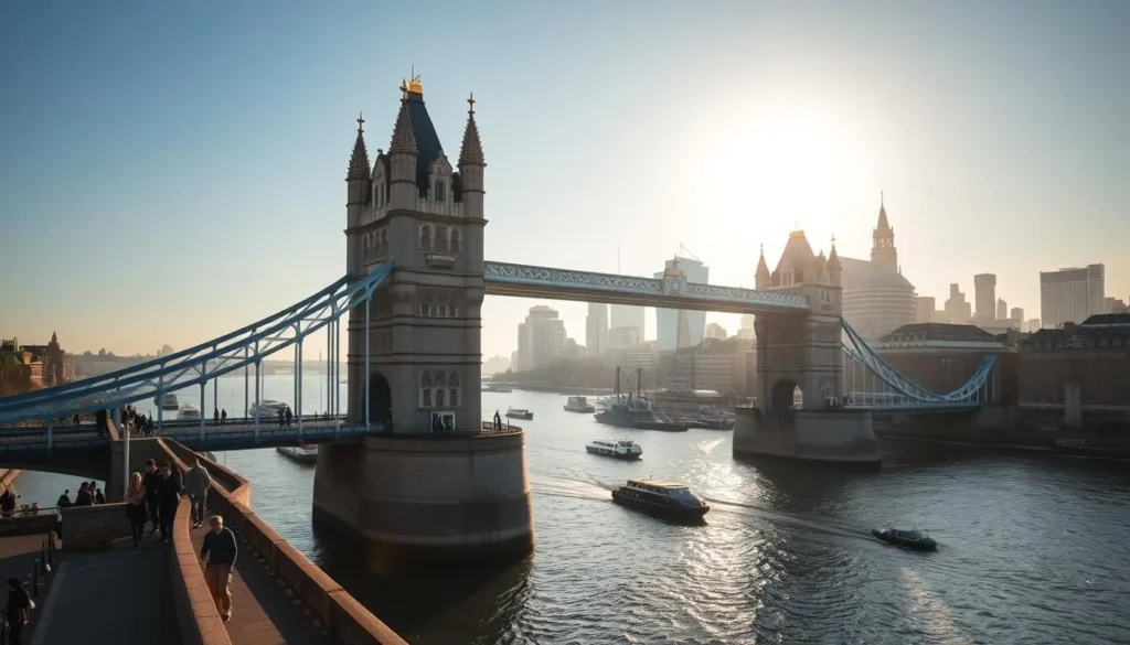 A towering stone structure spans the River Thames, its intricate arches and buttresses standing as a testament to the storied history of London Bridge. The morning sun casts a warm glow across the scene, illuminating the weathered facade and reflecting off the gently rippling waters. In the foreground, pedestrians stroll along the bridge's walkways, admiring the iconic landmark and its surrounding cityscape. The middle ground features the bustling activity of the riverfront, with boats and barges plying the waterway. In the distance, the skyline of the Borough of Southwark rises, a blend of modern and historic architecture. The overall atmosphere evokes a sense of timelessness, where the past and present coexist in harmonious balance.