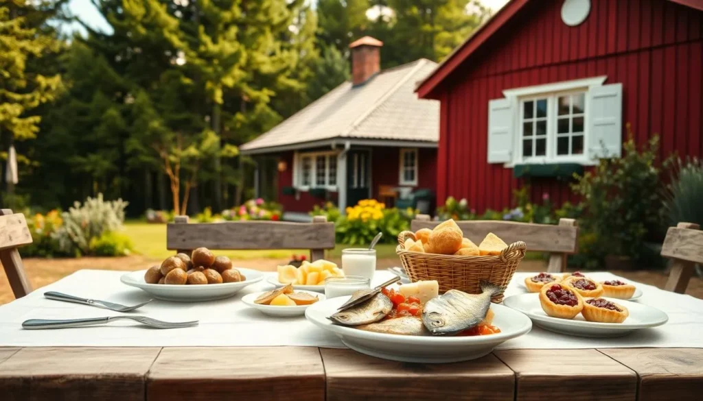 A traditional Swedish outdoor dining scene set on a sunny summer day. In the foreground, a rustic wooden table laid with a crisp white tablecloth and adorned with classic Swedish dishes - meatballs, pickled herring, boiled new potatoes, and freshly baked lingonberry tarts. In the middle ground, a quaint Swedish cottage with its distinctive red painted wood siding and a manicured flower garden. The background features a lush, verdant forest with towering pine trees. Warm, diffuse lighting creates a cozy, inviting atmosphere, as if captured by a vintage medium format camera lens.