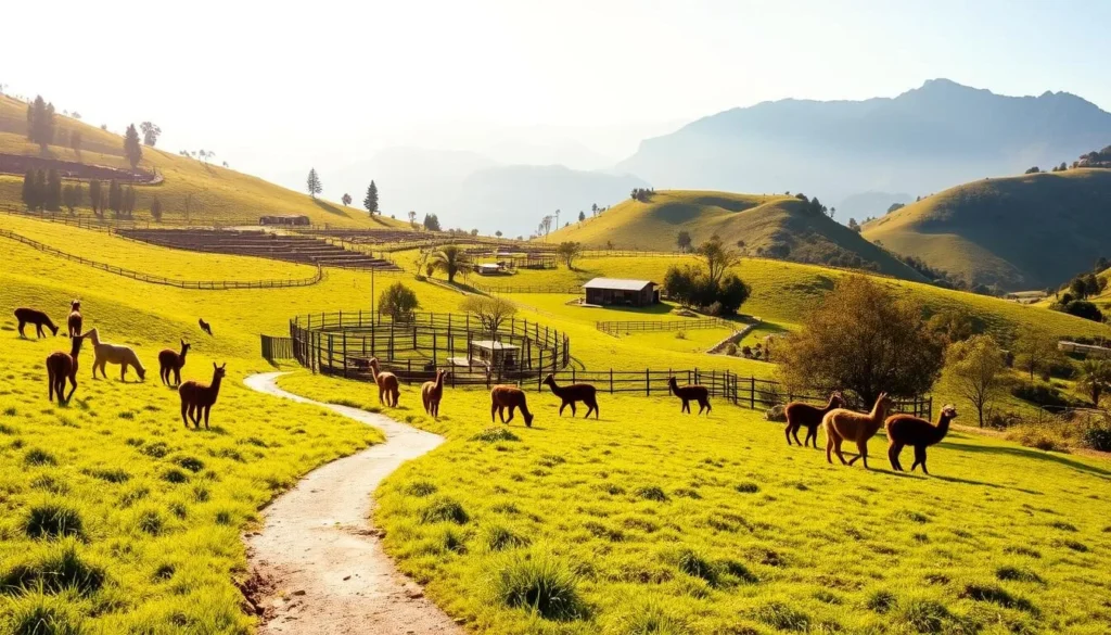 A tranquil Andean sanctuary nestled in the rolling hills of Pisac, Peru. A lush green oasis teeming with vibrant wildlife - llamas, alpacas, and other rescued Andean animals roam freely, bathed in warm golden sunlight. In the foreground, a picturesque pathway winds through verdant meadows, inviting visitors to explore. The mid-ground reveals well-maintained enclosures and structures blending seamlessly with the natural landscape. In the distance, the majestic Andes mountains rise, creating a breathtaking backdrop. The overall scene exudes a serene, harmonious atmosphere, showcasing the sanctuary's commitment to conservation and animal welfare.