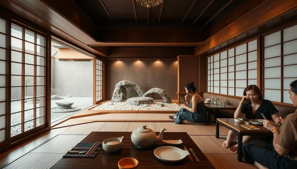 A tranquil Japanese restaurant interior in Brasilia, Brazil. Wooden accents and soft lighting create a serene ambiance. Delicate tableware, chopsticks, and a ceramic tea set are neatly arranged on a low table. A karesansui garden with raked gravel and strategically placed rocks frames the scene through a large window. Diners seated on tatami mats observe traditional etiquette - maintaining quiet conversation, handling dishes and utensils with care. The atmosphere exudes harmony, elegance, and reverence for the culinary experience.