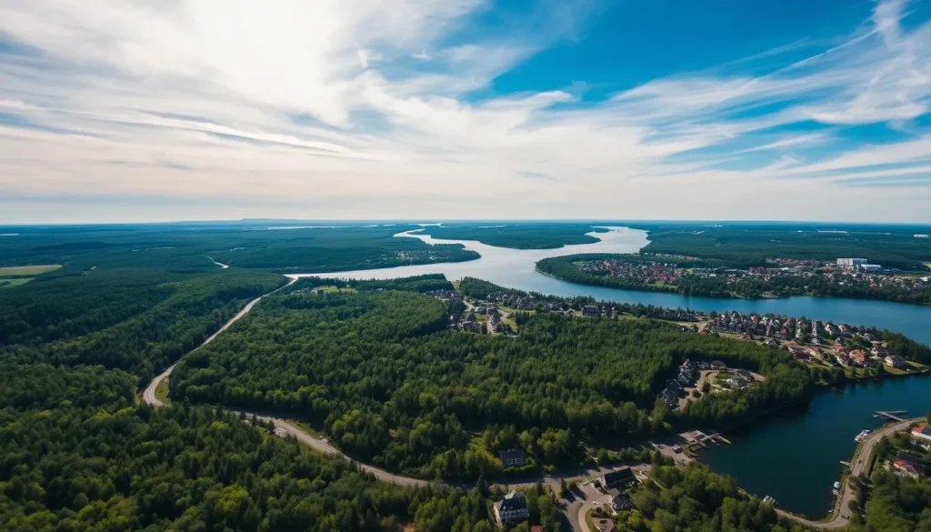 A tranquil aerial view of Lidingö Island, Sweden on a sun-dappled day. Capture the lush green forests, sparkling waterways, and picturesque residential neighborhoods that dot the island's gently rolling landscape. Frame the scene with a dramatic sky filled with wispy clouds, casting soft shadows over the terrain below. Use a wide-angle lens to showcase the island's expansive scale and natural beauty, inviting the viewer to explore its charming trails, parks, and quaint seaside villages. Convey a sense of peaceful serenity and the island's appealing blend of urban amenities and untamed wilderness.