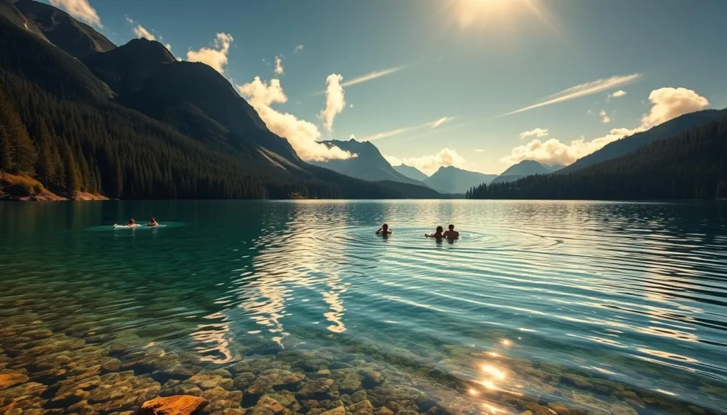 A tranquil alpine lake nestled amidst lush, evergreen forests, Elfin Lakes glimmers under a warm, golden sun. Swimmers float serenely on the crystal-clear waters, their reflections rippling gently. The surrounding peaks cast long, dramatic shadows, while wispy clouds drift overhead. The serene atmosphere is punctuated by the soft sounds of nature - birdsong, the gentle lapping of waves, and the occasional splash of a fish. The scene evokes a sense of peace and relaxation, inviting the viewer to bask in the natural beauty of this stunning British Columbia landscape.