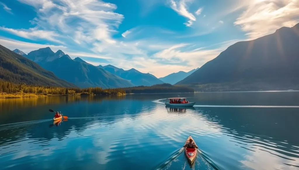 A tranquil alpine lake surrounded by majestic mountains, Lake Minnewanka in Alberta, Canada. In the foreground, kayakers glide across the serene, mirror-like surface, their paddles creating gentle ripples. Farther out, hikers explore the lush, verdant shoreline, taking in the breathtaking views. In the middle distance, a small boat carries passengers, offering a leisurely tour of the lake. The sky is a brilliant blue, with wispy clouds drifting overhead, casting soft shadows on the water. The warm, golden light of the sun bathes the scene, creating a peaceful, idyllic atmosphere, inviting visitors to immerse themselves in the natural beauty of this stunning Canadian landscape.