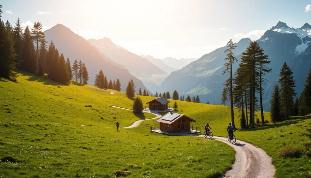 A tranquil alpine landscape in the Sylan Mountains, Norway. Lush, verdant meadows dotted with wildflowers stretch towards jagged, snow-capped peaks in the distance. A winding trail meanders through the foreground, flanked by towering pines and birch trees. Sunlight filters through the canopy, casting a warm, golden glow over the scene. In the middle ground, a small eco-lodge blends seamlessly into the natural surroundings, its timber-framed architecture and solar panels showcasing sustainable tourism in harmony with the pristine environment. Hikers and cyclists explore the area, enjoying the breathtaking vistas and immersing themselves in the region's natural beauty.