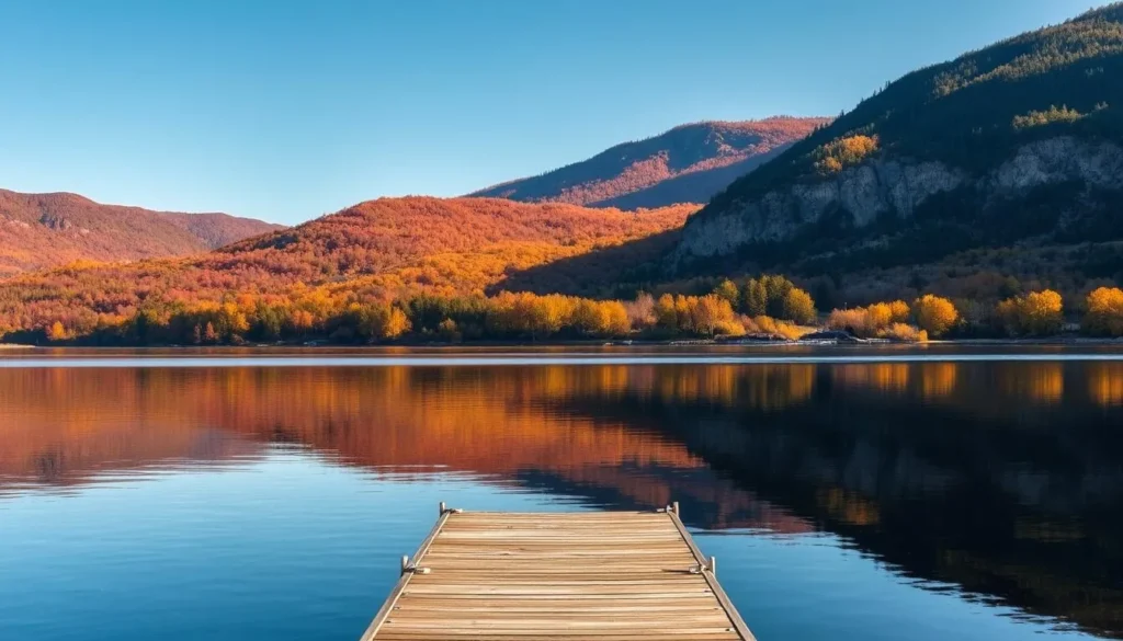 A tranquil autumn day on the shores of Seneca Lake, New York. In the foreground, a serene waterfront with a wooden dock extending into the still, mirror-like surface, reflecting the vibrant foliage on the distant shoreline. The middle ground features rolling hills blanketed in a tapestry of warm hues - burnt oranges, golden yellows, and deep reds. The background is dominated by the majestic Finger Lakes, their steep, rocky cliffs and dense forests bathed in soft, diffused sunlight. The overall scene exudes a sense of peaceful contemplation, inviting the viewer to immerse themselves in the natural beauty of this cherished region.