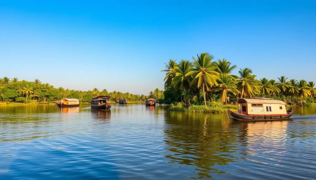 A tranquil backwater scene with houseboats and coconut trees