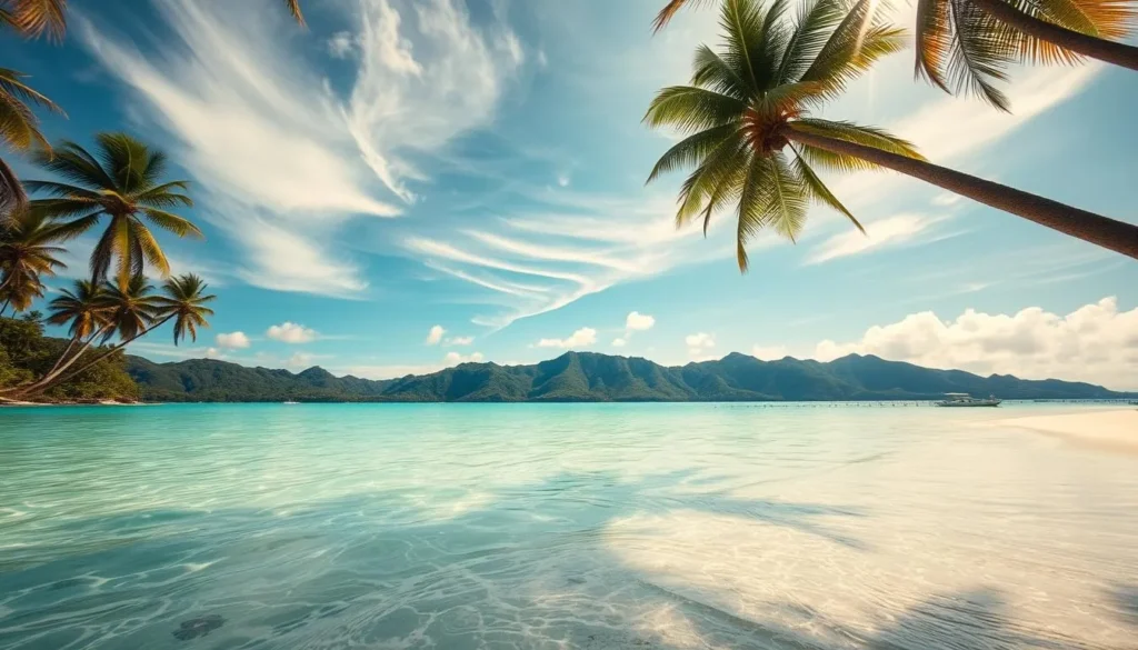 A tranquil bay with crystal clear turquoise waters gently lapping against a pristine white sand beach. Towering palm trees sway in the light breeze, casting dappled shadows on the shore. Sunlight filters through wispy clouds, creating a warm, golden glow that illuminates the scene. In the distance, lush green hills rise up, creating a picturesque backdrop. The camera captures this idyllic tropical landscape from a low angle, emphasizing the inviting water and drawing the viewer into the serene, peaceful atmosphere.