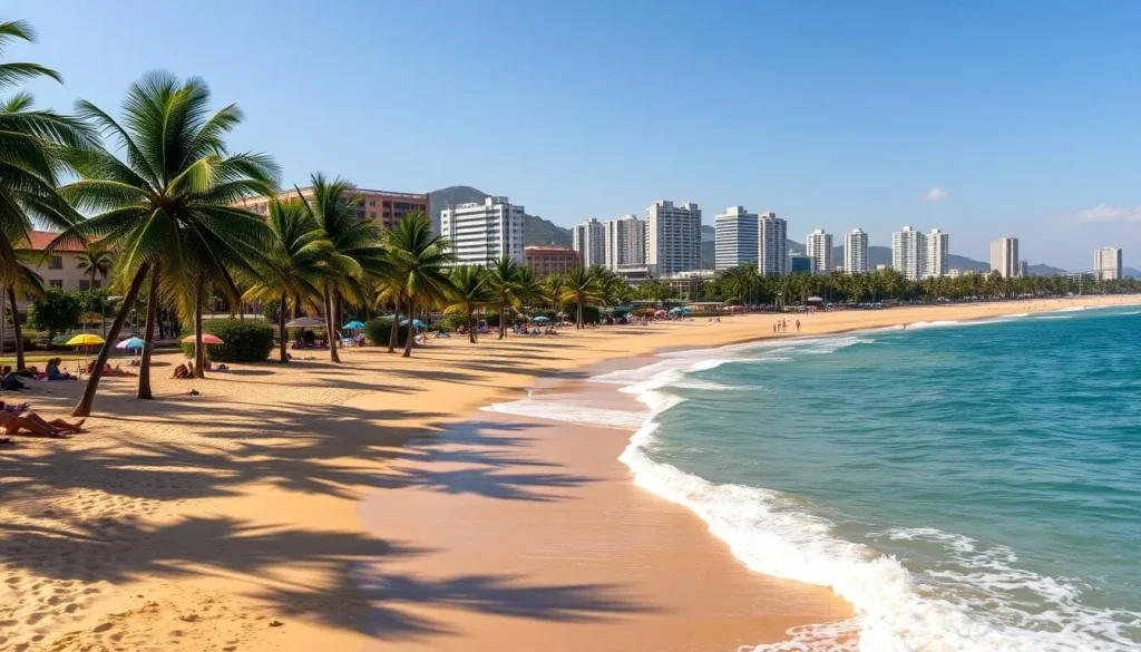 A tranquil beach in Balneario Camboriu, Brazil, with turquoise waters lapping against golden sands. The sun casts a warm glow, illuminating the palm trees swaying gently in the coastal breeze. In the foreground, beachgoers leisurely sunbathe or stroll along the water's edge, while in the middle ground, colorful umbrellas and beach cabanas dot the scene. The background features the iconic Avenida Atlantica, lined with high-rise hotels and residential buildings, creating a picturesque urban skyline. The overall atmosphere is one of relaxation and tranquility, inviting the viewer to imagine themselves immersed in the idyllic coastal setting.